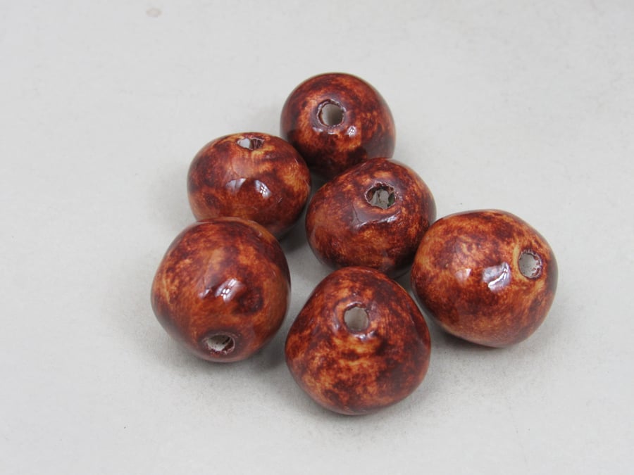 6 Medium Bright Copper Brown Glazed Clay Beads