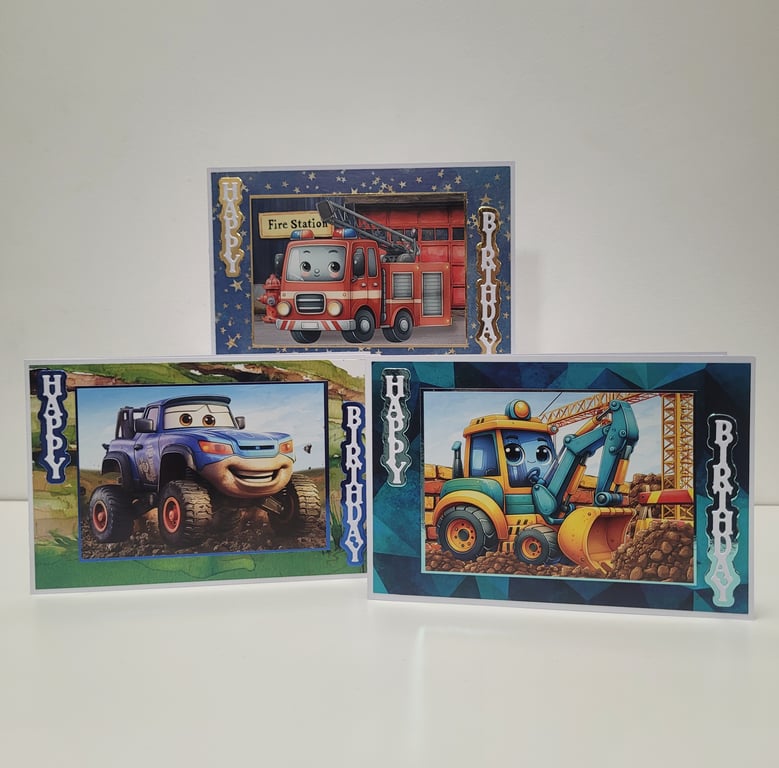 Kids Vehicle Birthday Cards - Set of 3 Children's Birthday Cards - 4x6 Inch
