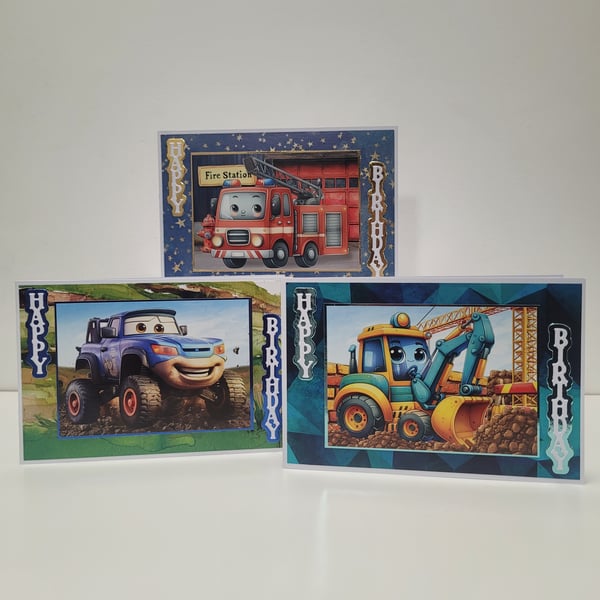 Kids Vehicle Birthday Cards - Set of 3 Children's Birthday Cards - 4x6 Inch