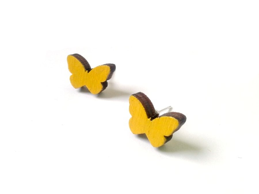 Tiny Yellow Painted Wooden Butterfly Stud Earrings