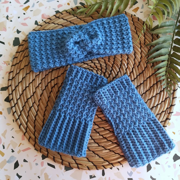 Crochet Matching Headband & Fingerless Mitts Set Cornish Blue