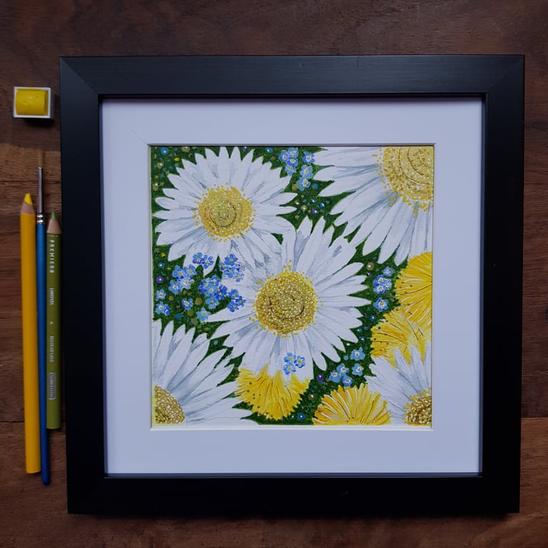 Oxeye Daisies, Forget-me-nots and Dandelions - framed original artwork 