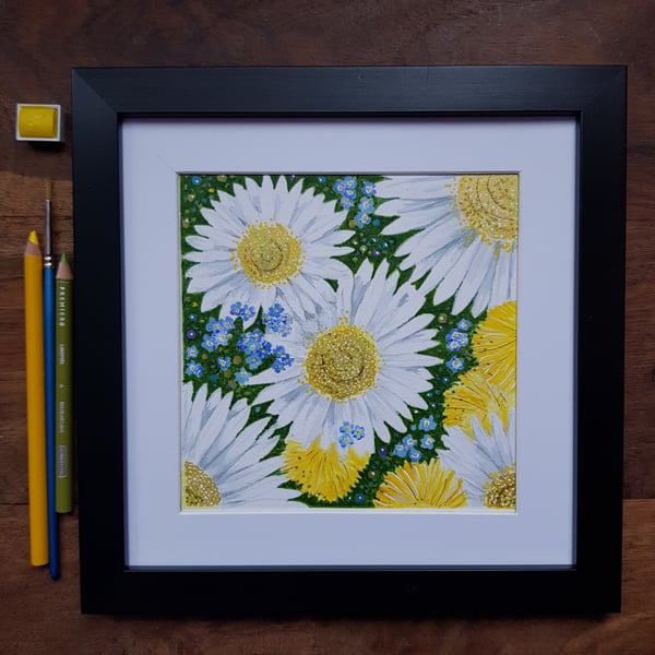 Oxeye Daisies, Forget-me-nots and Dandelions - framed original artwork 