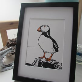 Handmade Linocut Print 'Puffin'