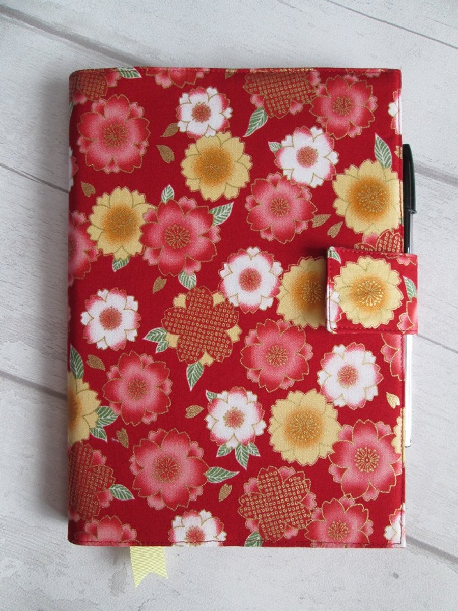 A5 Oriental Flowers on Red Reusable Notebook Cover, Floral Notebook