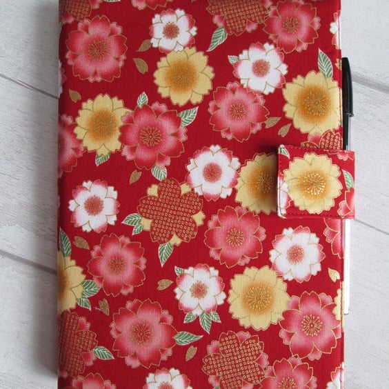 A5 Oriental Flowers on Red Reusable Notebook Cover, Floral Notebook