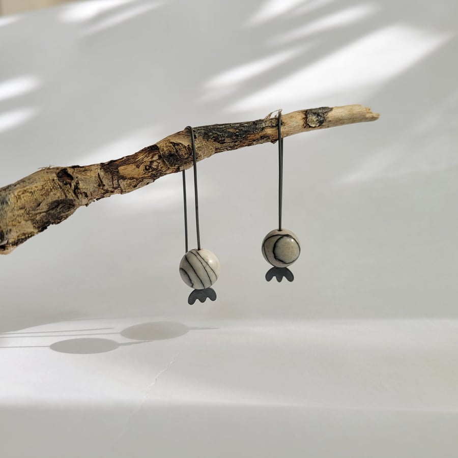 Poppy Seed Head Earrings, Spiderweb Jasper, Oxidised Sterling Silver