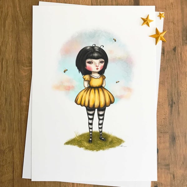 Keeper of the Bees -  A4 Giclée Print - Bee Girl Illustration - Pop Surrealism