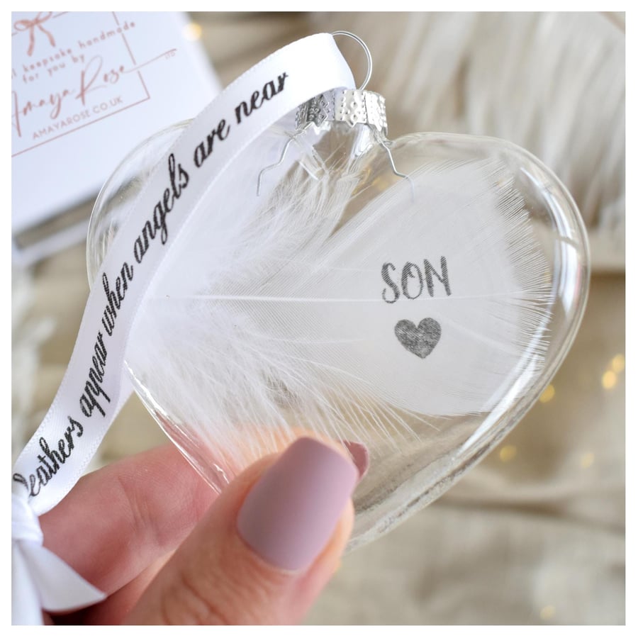 Image of Son Memorial Feather Bauble, In Memory of Son, Heart Glass Christmas Ornament, R
