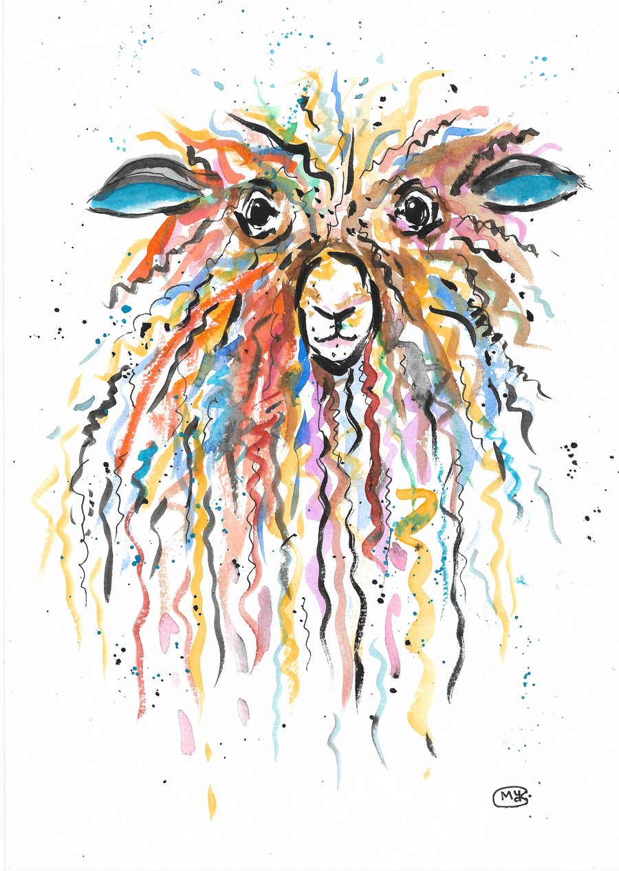 Rainbow Sheep original watercolour painting. 