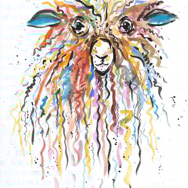 Rainbow Sheep original watercolour painting. 