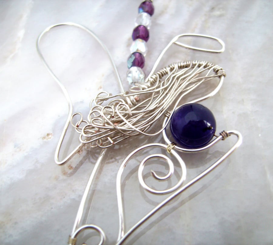 Amethyst Angel Amulet Necklace in silver plated wire work