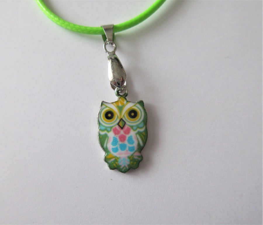 Owl Necklace Lime Green Cord with Cute Owl Charm