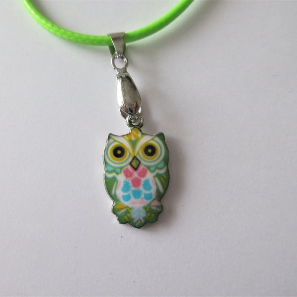 Owl Necklace Lime Green Cord with Cute Owl Charm