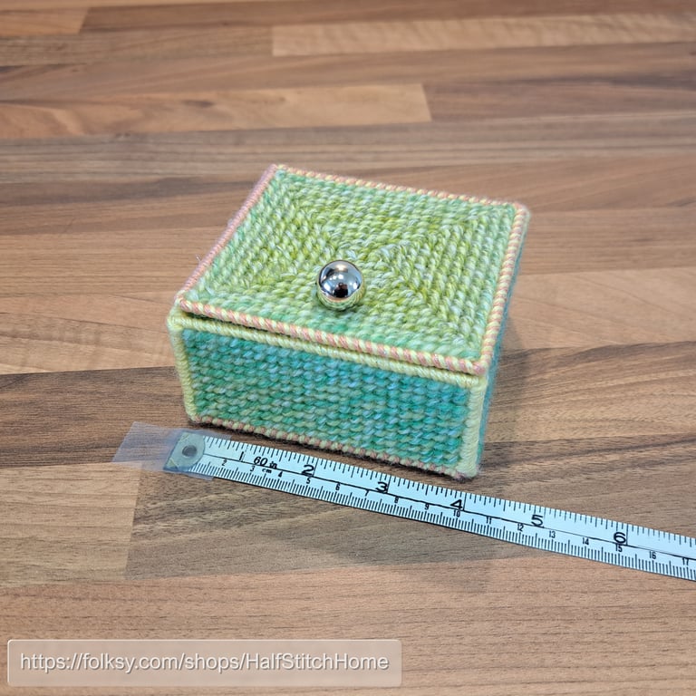 Colourful desk tidy with lid and button embellishment, bright spring colours