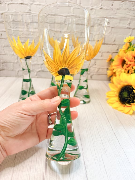 Wine Glass Hand Painted with Sunflowers 
