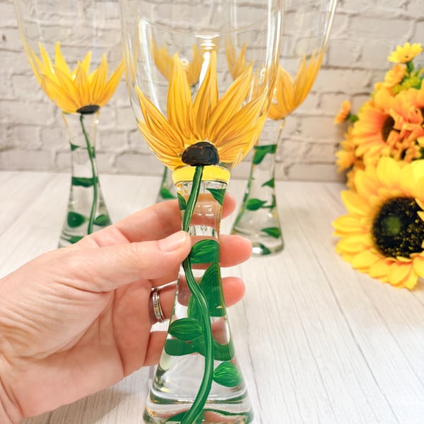 Wine Glass Hand Painted with Sunflowers 