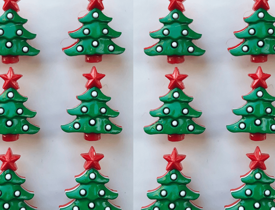 Bag of 10 Christmas Tree Buttons, 25mm Tall, Glossy Pastel Shades, Shank Back