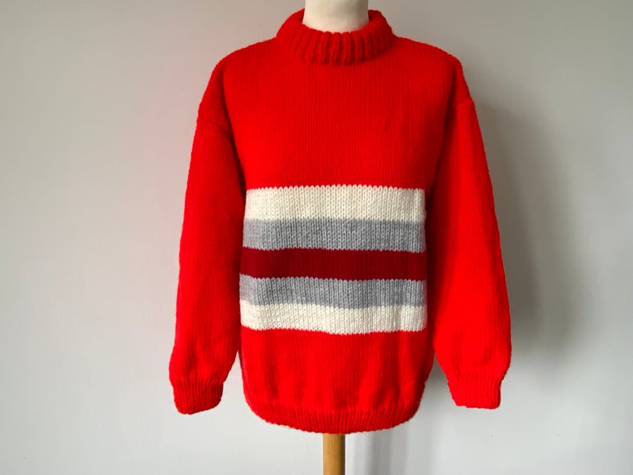 Hand Knitted Red Sweater Cream Grey Maroon Stripes Jumper Sweater