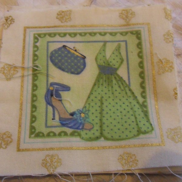 100% cotton fabric squares. Green dress, blue shoes, bag (80)