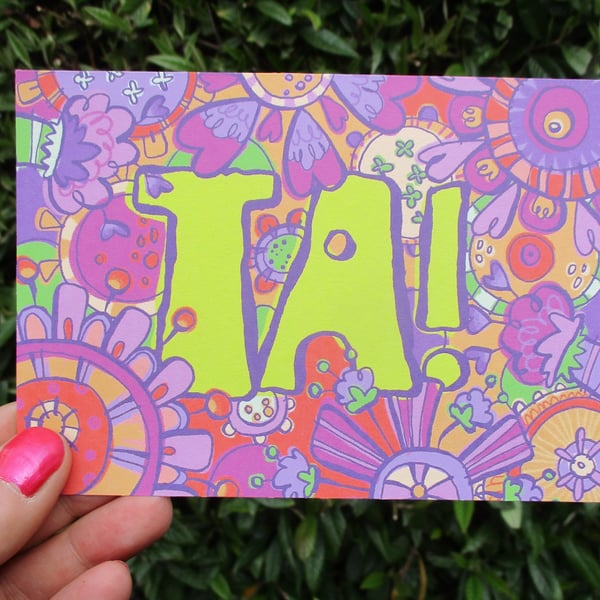 A6 “Ta!” Thank You Postcard with funky colourful flowers