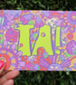A6 "Ta!" Thank You Postcard with funky colourful flowers - Image 1