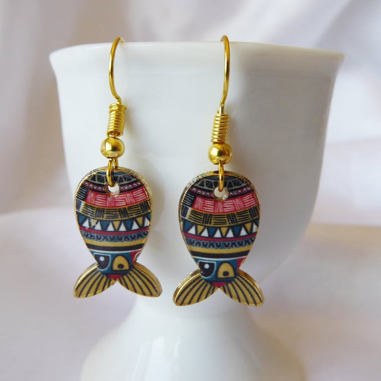 Aztec Black & Red Fish shaped Earrings with gold plated ear wires
