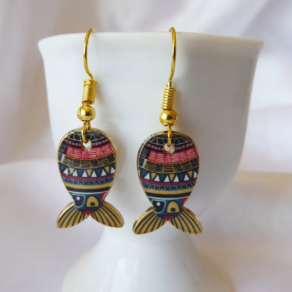 Aztec Black & Red Fish shaped Earrings with gold plated ear wires