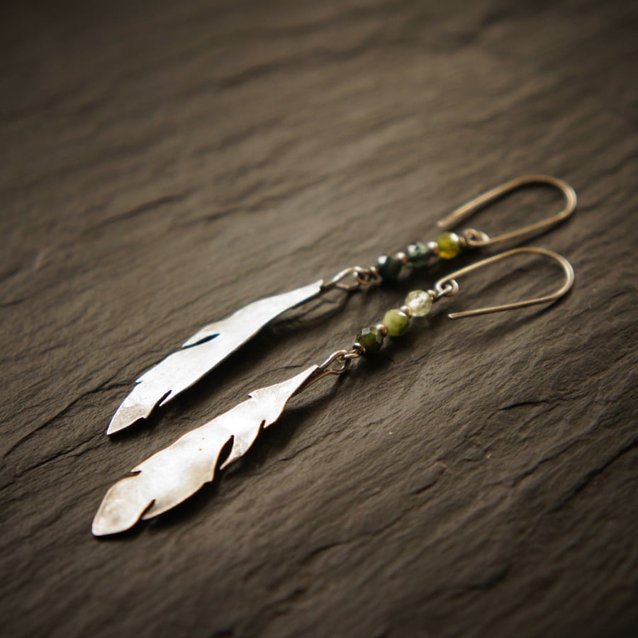 Silver Feather and Green Tourmaline Earrings