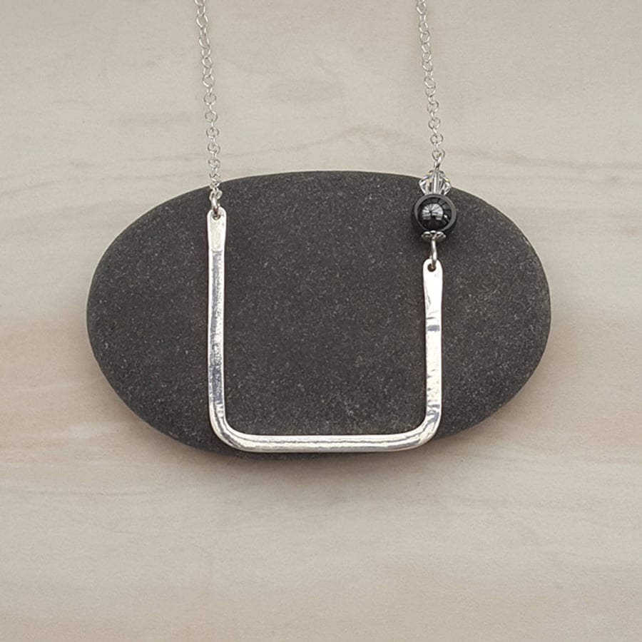 Sterling silver U shaped wire and brass necklace -  handmade bar necklace