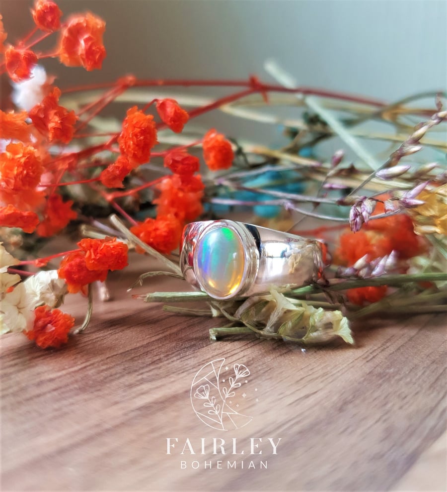 Silver opal ring Band ring Thick ring Opal ring Statement ring