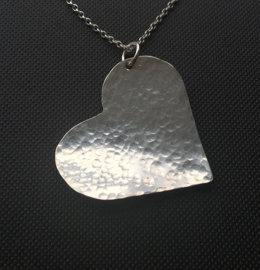 Sterling Silver Large Heart Necklace, Textured Heart Pendant