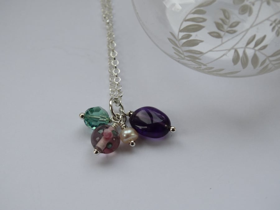 CLEARANCE Gemstone and crystal charm cluster pendant with flower bead