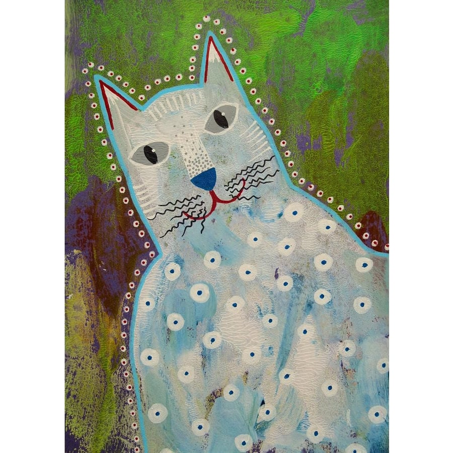 Small Cat Painting Cute Quirky White Spotted Kitty Folk Art 5 x 7 Inch Artwork