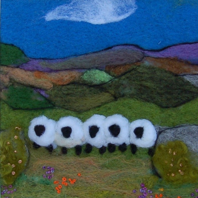Sheep by a dry stonewall wool painting.  Needlefelt picture with hand embroidery