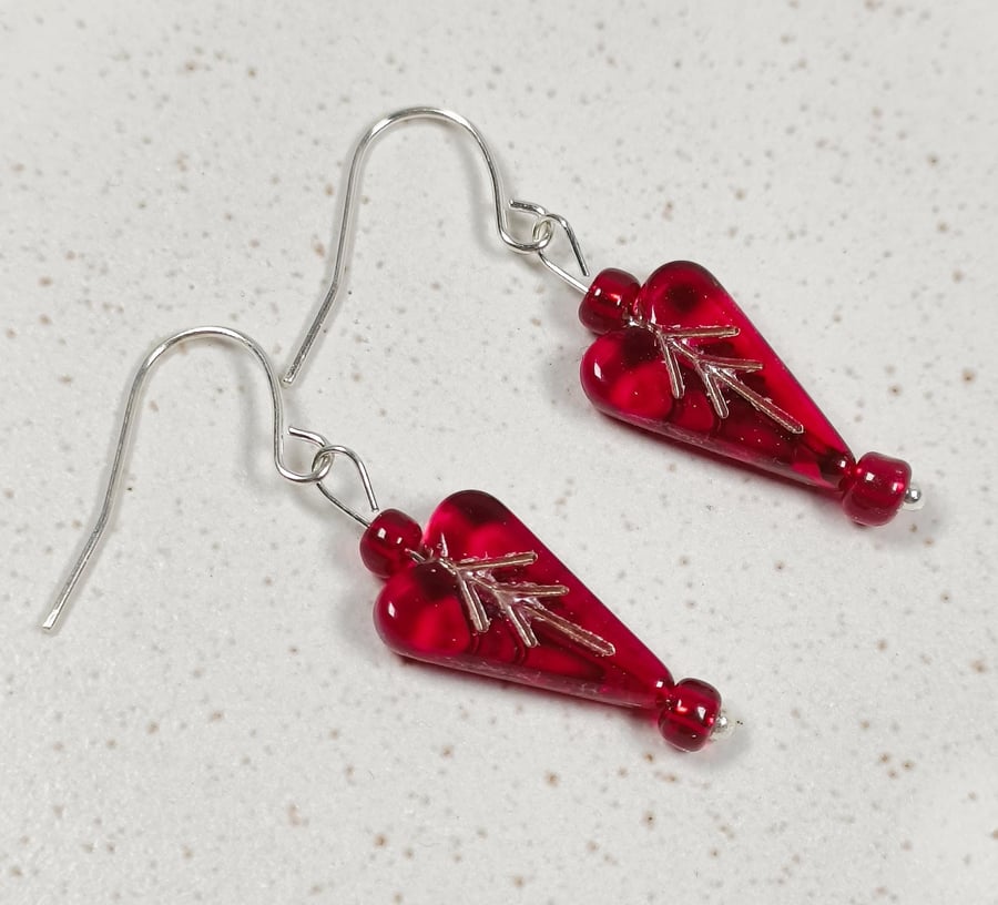 Red Czech Glass Heart Earrings