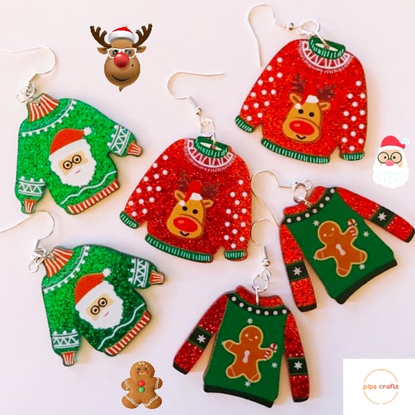 Fun Sparkly Odd Christmas Jumper Earrings, Santa -  (SPECIAL ORDER)