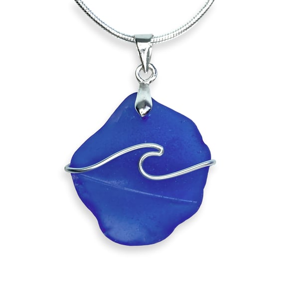 Sea Glass Pendant - Blue Beach Glass - Silver Handmade Wave Necklace Jewellery