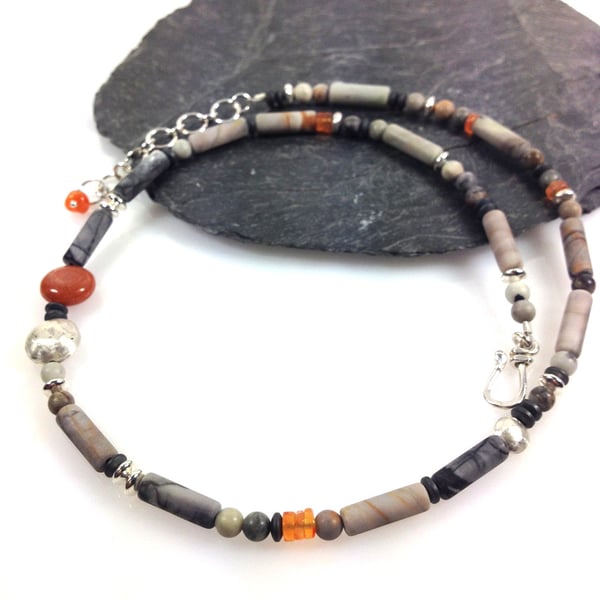 Silver, jasper and carnelian necklace