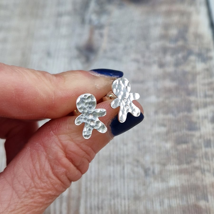 Silver Hammered Gingerbread Stud Earrings - Festive, Christmas, Fun