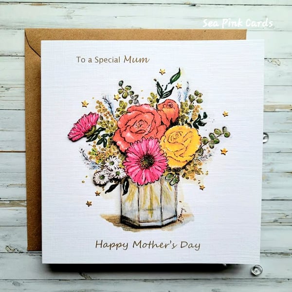 Mother's Day Card - flowers, card for mum, textured, dimensional