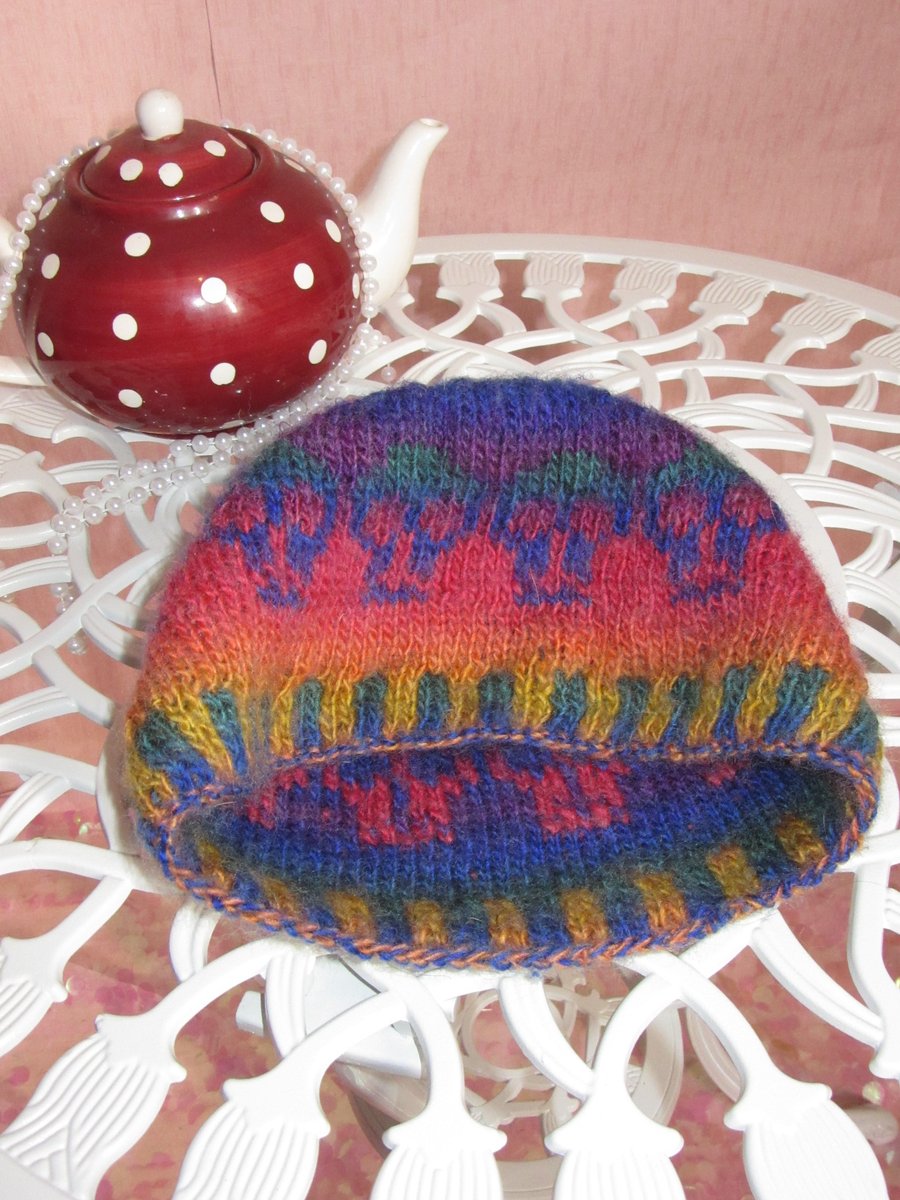 reversible double knitted rainbow skulls wool beanie hat  Free postage to UK