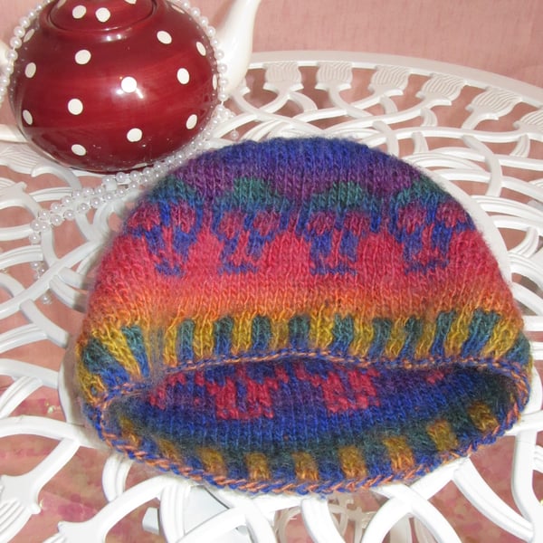 reversible double knitted rainbow skulls wool beanie hat  Free postage to UK