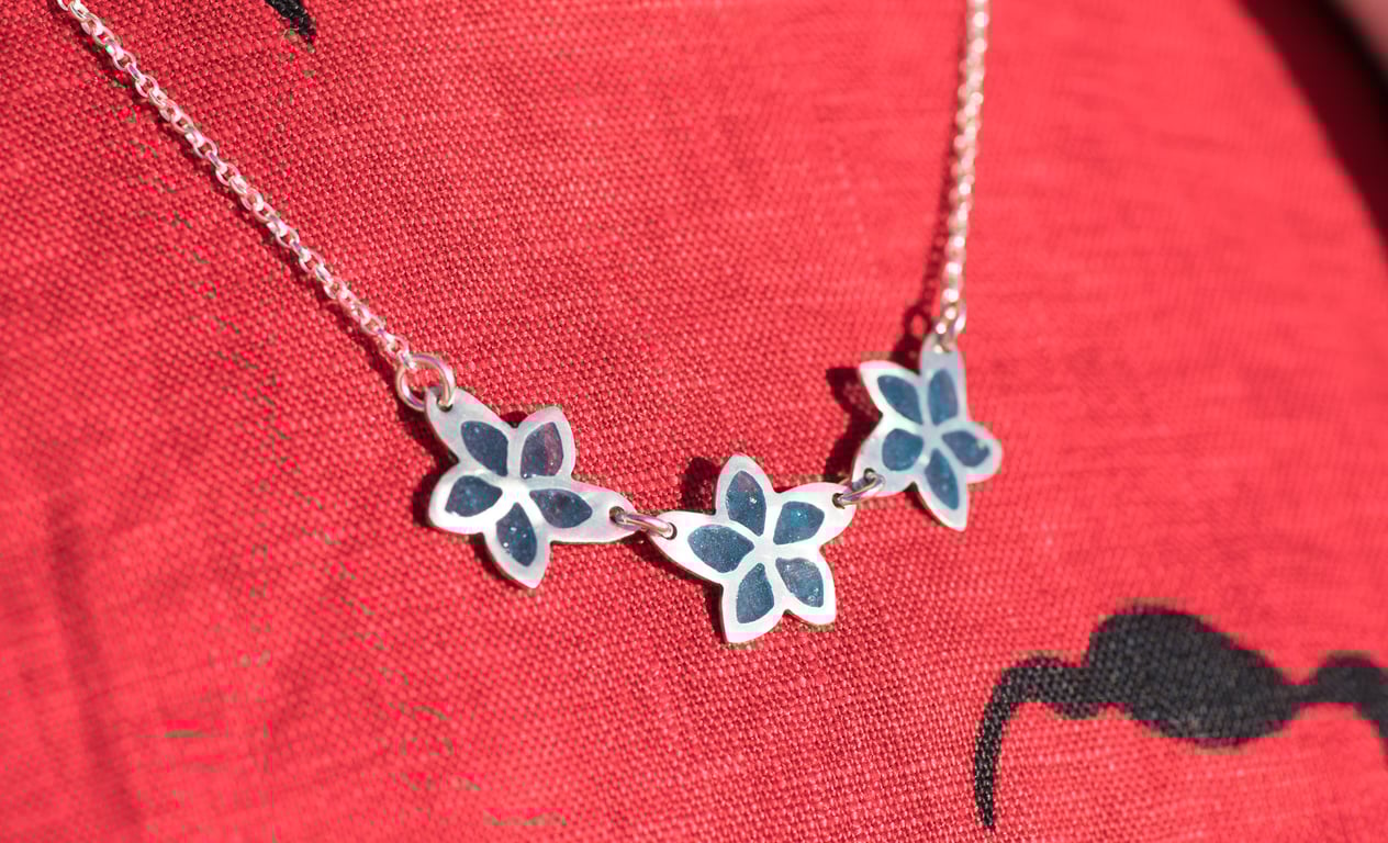 Plique a jour Blue Flowers Necklace, Silver Flower Necklace