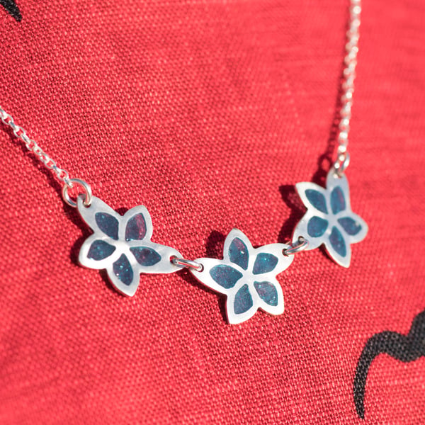 Plique a jour Blue Flowers Necklace, Silver Flower Necklace