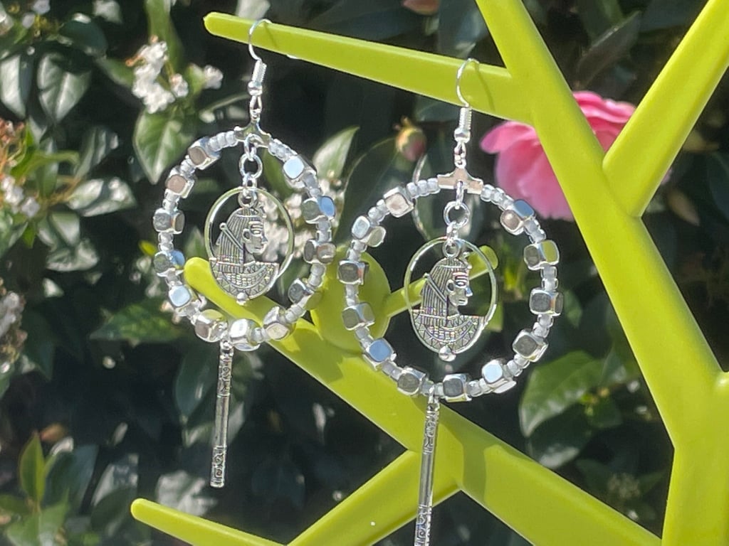 DISCO EGYPTIAN HOOPS silver statement drop vintage look retro gift for her