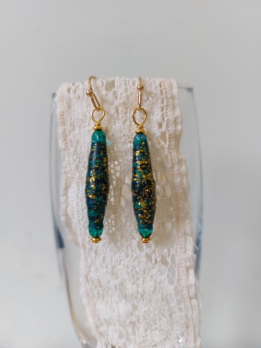 Handcrafted Paper Bead Drop Earrings Green Gold