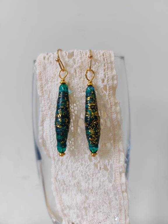 Handcrafted Paper Bead Drop Earrings Green Gold