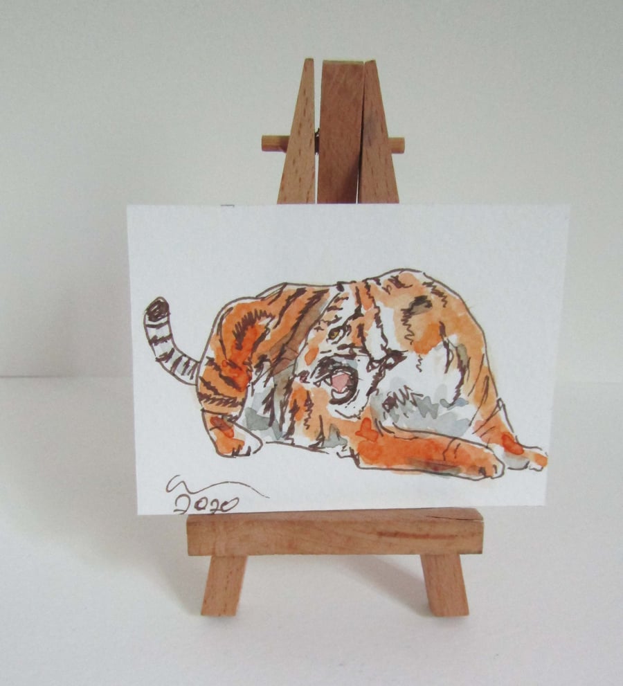 ACEO Art Angry Tiger Original Watercolour & Ink Painting OOAK