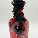Noir Valentine Hand Sculpted Bottle Art Altered Crimson Heart & Black Lace 
